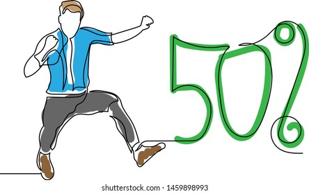 Figure continuous line of a man jumping rejoices indicates a discount of 50 percent. The concept of a good price. Sell-out. We break the prices. Color.