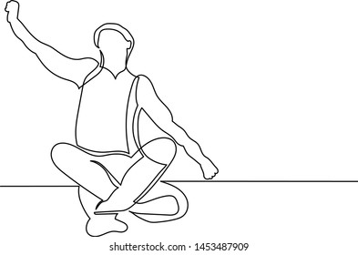 
Figure continuous line of a man sitting back pain. Stretches the back. The concept of treatment and treatment of the back. Arm up. sick