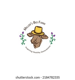 The figure of a cow with horns standing on the ground - farming emblem, logo design, illustration holstein cow portrait stylized vector symbol