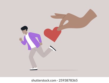 A figure dashes away from an outstretched hand offering a heart, symbolizing the struggle of avoidant attachment in personal relationships and the fear of intimacy