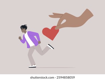 A figure dashes away from an outstretched hand offering a heart, symbolizing the struggle of avoidant attachment in personal relationships and the fear of intimacy