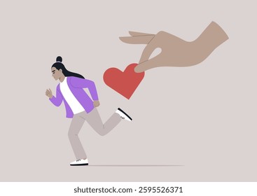 A figure dashes away from an outstretched hand offering a heart, symbolizing the struggle of avoidant attachment in personal relationships and the fear of intimacy