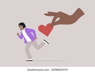 A figure dashes away from an outstretched hand offering a heart, symbolizing the struggle of avoidant attachment in personal relationships and the fear of intimacy