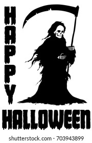 The figure of death with big scythe in a black shroud. Design element for Happy Halloween cards, posters, banners or invitations. Cartoon style. Doodles. Vector illustration.