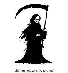 The figure of death with big scythe in a black shroud. Design element for Happy Halloween cards, posters, banners or invitations. Cartoon style. Doodles. Vector illustration.