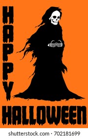 The figure of death in a black shroud. Design element for Happy Halloween cards, posters or invitations. Cartoon style. Doodles. Vector illustration.