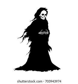 The figure of death in a black shroud. Design element for Happy Halloween cards, posters or invitations. Cartoon style. Doodles. Vector illustration.