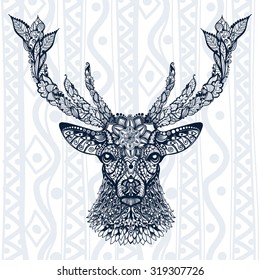Figure of deer pattern, ornament, leaves and flowers against the backdrop backgrounds. Ethnic ornament