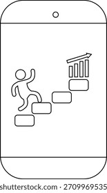 Una figura se representa ascendiendo pasos hacia un gráfico de barras con una flecha en la pantalla de un teléfono móvil