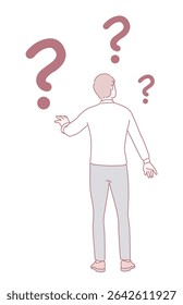 A figure depicted in a state of confusion is surrounded by numerous question marks, symbolizing uncertainty and doubt