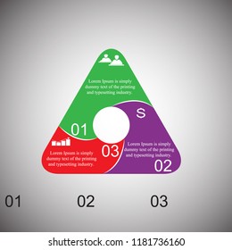 The figure depicts different types of triangular infographics with text. Infographics with icons, numbers, for a site, a presentation, a business project.