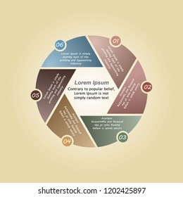 The figure depicts infographics in the form of a circle, and in the middle hexagon infographics for six positions on a yellow background. Infographics for business presentations, for the site, infogra