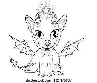 Figure dragon on a white background. Image drawn only by lines. Coloring for kids. Fabulous animal.