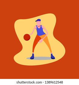 Figure dribble basketball player wearing a blue hat, blue shirt and orange pants.
