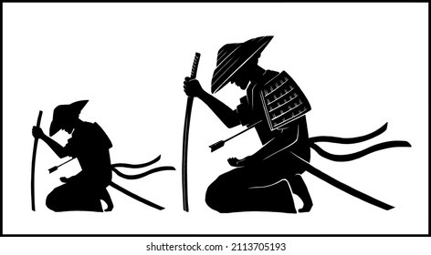 The figure of a dying samurai in a kimono with armor on his shoulder. Isolated silhouette of a Japanese warrior pierced with an arrow, sitting on his knees in a round hat with a katana in his hand.