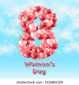 The figure eight consists of heart-shaped balloons. International women's day symbol. March 8 realistic style. Against the background of a blue sky with clouds. Vector illustration