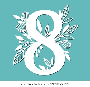 Figure eight, decorated with spring foliage and flowers. Vector template for cutting. Card for March 8.