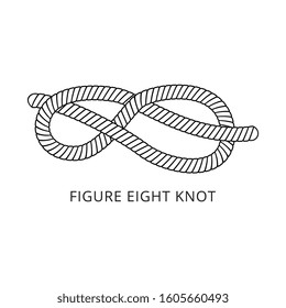 Figure eight knot - nautical rope tying skill figure in black and white, marine cord with strong double loop, isolated hand drawn and flat colorless vector illustration on white background
