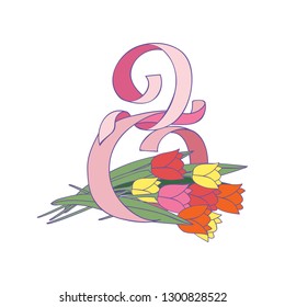 Figure eight made of pink ribbon and beautiful tulip flowers. International Women s day. 8 March. Vector design