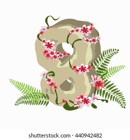 The figure eight made of stone decorated with flowers and fern leaves. Vector illustration.