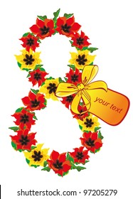 figure eight paved with red and yellow tulips with a bow and a note