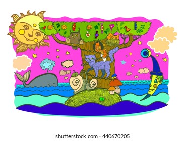 the figure of the fairy tale, sleeping animals, birds, owl, cubs, mushroom, cat, tree, sun, moon, Keith, the stars, the clouds, candy, bright, colorful, stylized