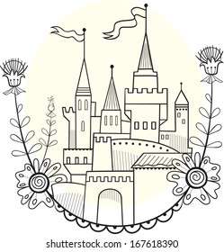 Figure fairytale castle. Linear solution for coloring.