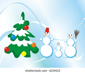 Figure of family of snowmen about the christmas fur-tree decorated by spheres on a blue background with white waves