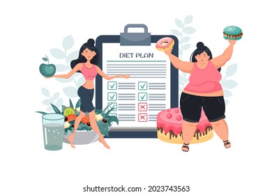 The figure of a fat and thin woman before and after a diet. An obese woman is losing weight. Vector illustration with a meal plan. The concept of weight loss, a healthy lifestyle. 