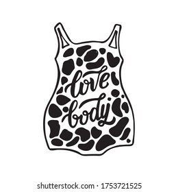 Figure female swimsuit. The inscription is made manually inside the form. I love body and small abstract elements. Black and white.