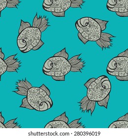  Figure fish in cartoon style on a blue background.Seamless.