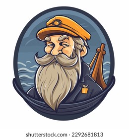 The figure of a fishing boat captain. Captain ferryman. The man with the beard. Cartoon vector illustration. label, sticker, t-shirt printing