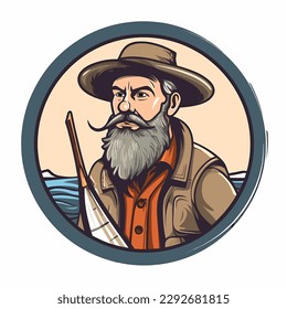 The figure of a fishing boat captain. Captain ferryman. The man with the beard. Cartoon vector illustration. label, sticker, t-shirt printing