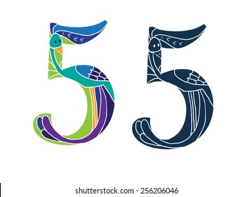 figure five 5 stylized peacock bird. color and monochrome version