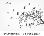 figure flock of flying birds on tree branch