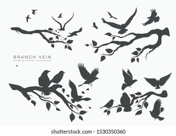 figure flock of flying birds on tree branch