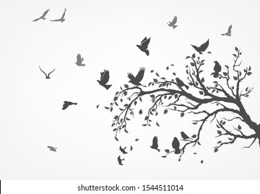 figure flock of flying birds on tree branch