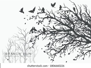 figure flock of flying birds on tree branch. Vector illustration
