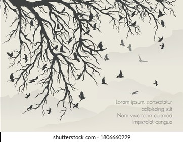 figure flock of flying birds on tree branch. Vector illustration