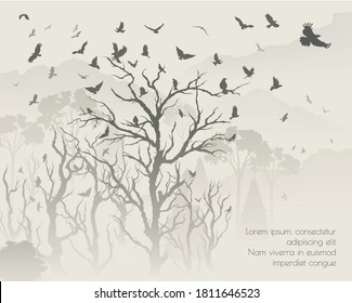 figure flock of flying birds on tree branch. Vector illustration