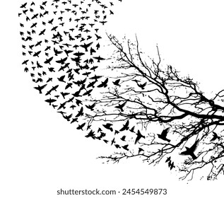 figure flock of flying birds on tree branch. hand drawing. Not AI, Vector illustration.