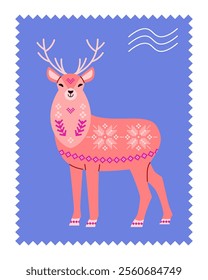 Figure of forest animal deer with antlers in frame on postage stamp in northern winter folklore style with scandinavian knitted pattern. Vector illustration for postcard, sticker, gift wrapping decor.