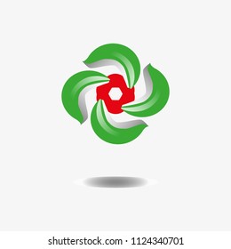 The figure is in the form of a red flower in a green frame. The logo is bright with a shadow in the bottom.