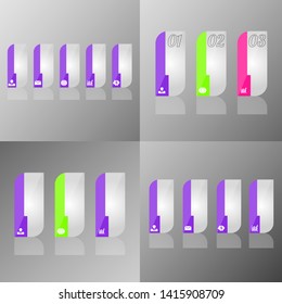 In the figure, four different infographics in the form of rectangles with different angles and icons, in different steps. Infographics for business, project, presentation.