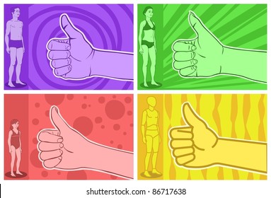 Figure in four different types of hand, man, woman, child, simple.
