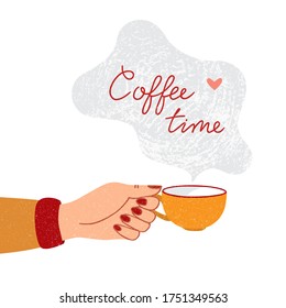 Figure a fragrant cup of coffee with steam flying out of it with the inscription of coffee time and heart. Vector illustration in EPS10.