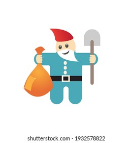 Figure of garden gnome with shovel and harvest bag. Vector illustration. Smiling gnome with a beard and a red cap.