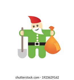 Figure of garden gnome with shovel and pouch. Vector illustration. Smiling gnome with a beard and a red cap.