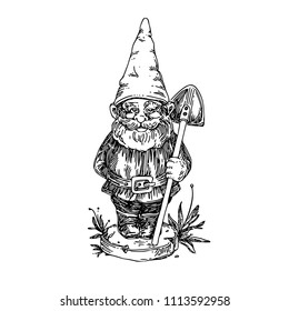 Figure Of Garden Gnome With Shovel. Sketch. Engraving Style. Vector Illustration.