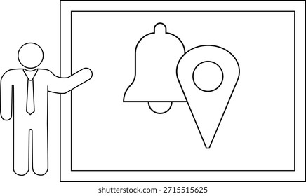 Eine Figur Gesten zu einem gerahmten Bild einer Glocke und Position Pin